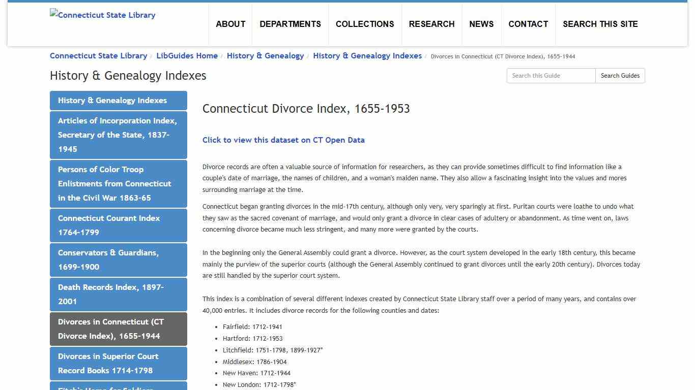 Divorces in Connecticut (CT Divorce Index), 1655-1944 - History & Genealogy Indexes - LibGuides Home at Connecticut State Library.